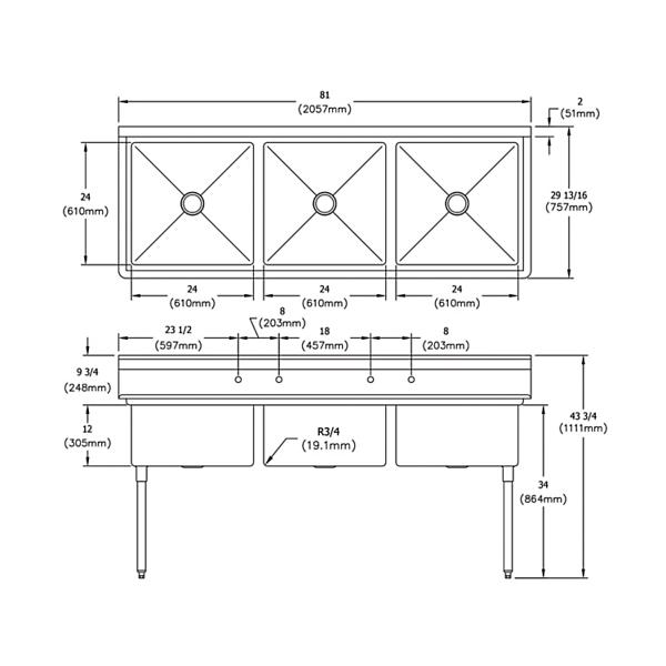 Elkay E3C24X24-0X Dependabilt Stainless Steel 81" x 29-13/16" x 43-3/4" 18 Gauge Three Compartment Sink with Stainless Steel Legs
