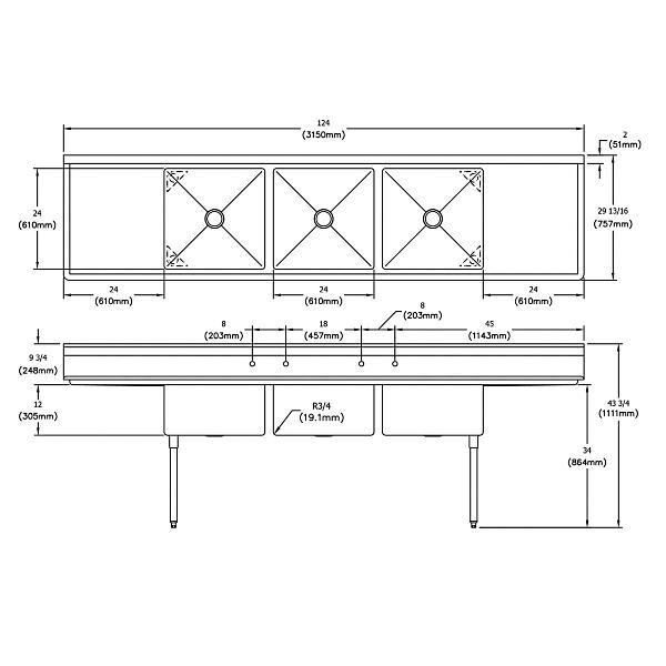 Elkay E3C24X24-2-24X Dependabilt Stainless Steel 124" x 29-13/16" x 43-3/4" 18 Gauge Three Compartment Sink w/ 24" Left and Right Drainboards & Stainless Steel Legs