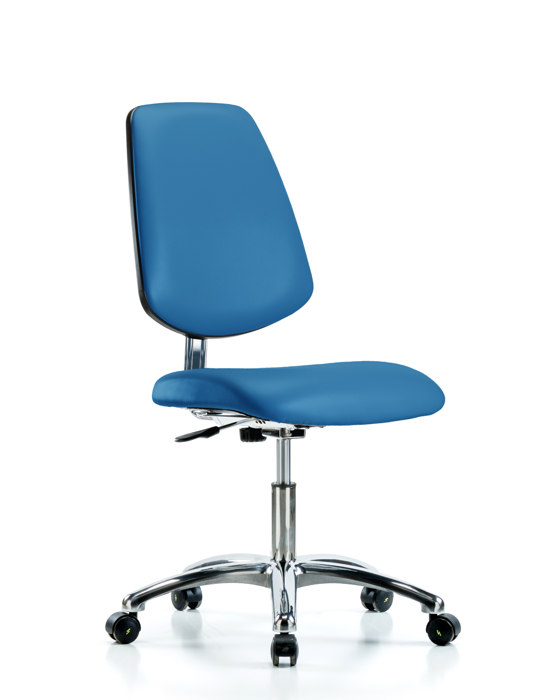 Blue Ridge Ergonomics ECR-VDHCH-MB-CR-EC-ESDBLU Class 10 Clean Room/ESD Vinyl Chair - Desk Height with Medium Back & ESD Casters in ESD Blue Vinyl