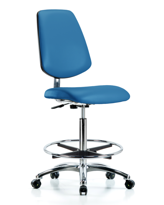 Blue Ridge Ergonomics ECR-VHBCH-MB-CR-CF-EC-ESDBLU Class 10 Clean Room/ESD Vinyl Chair - High Bench Height with Medium Back, Chrome Foot Ring, & ESD Casters in ESD Blue Vinyl