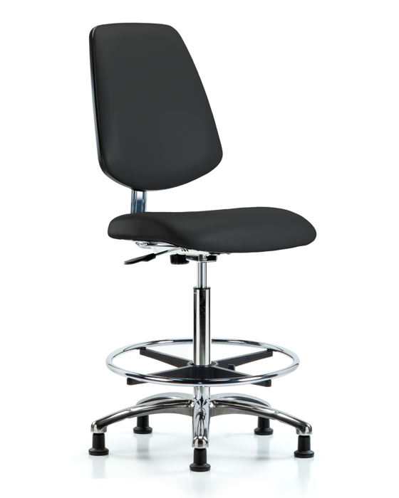 Blue Ridge Ergonomics ECR-VHBCH-MB-CR-CF-EG-ESDBLK Class 10 Clean Room/ESD Vinyl Chair - High Bench Height with Medium Back, Chrome Foot Ring, & ESD Stationary Glides in ESD Black Vinyl