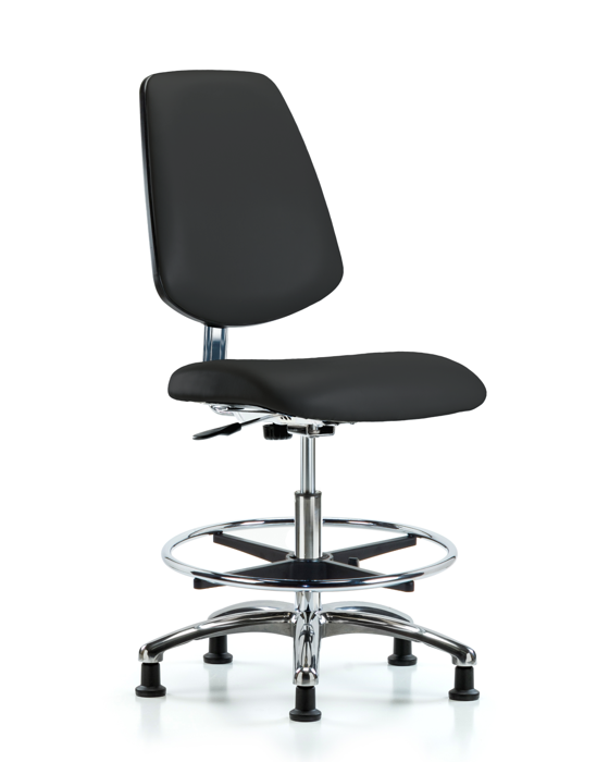 Blue Ridge Ergonomics ECR-VMBCH-MB-CR-CF-EG-ESDBLK Class 10 Clean Room/ESD Vinyl Chair - Medium Bench Height with Medium Back, Chrome Foot Ring, & ESD Stationary Glides in ESD Black Vinyl