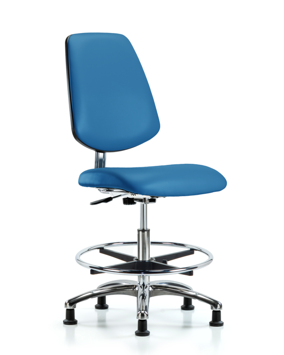 Blue Ridge Ergonomics ECR-VMBCH-MB-CR-CF-EG-ESDBLU Class 10 Clean Room/ESD Vinyl Chair - Medium Bench Height with Medium Back, Chrome Foot Ring, & ESD Stationary Glides in ESD Blue Vinyl