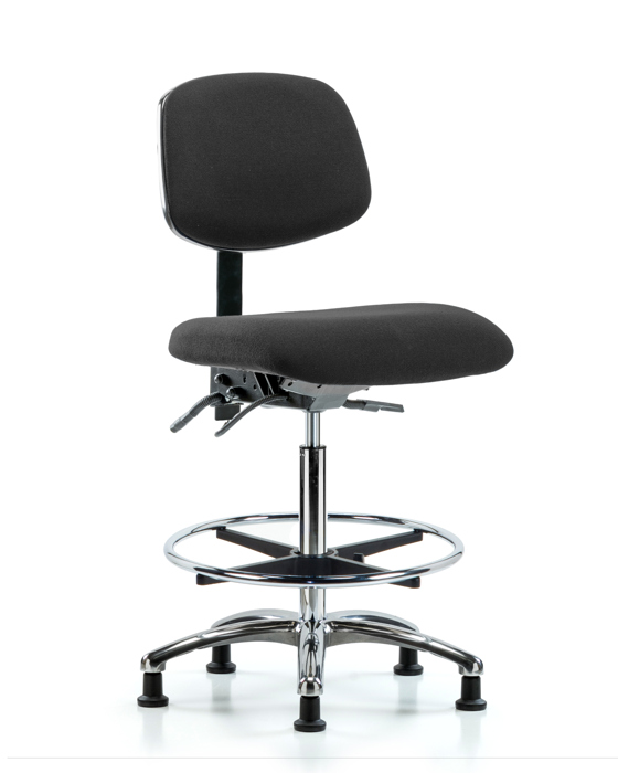 Blue Ridge Ergonomics ESD-FHBCH-CR-T0-A0-CF-EG-ESDBLK Fabric ESD Chair - High Bench Height with Chrome Foot Ring & ESD Stationary Glides in ESD Black Fabric