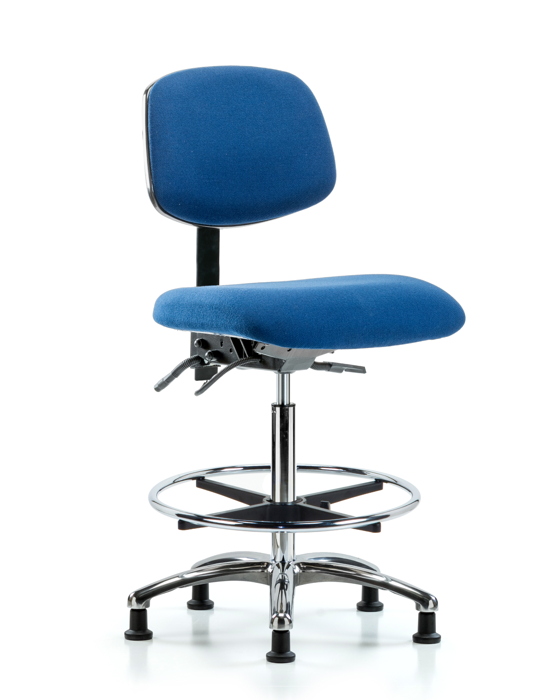 Blue Ridge Ergonomics ESD-FHBCH-CR-T1-A0-CF-EG-ESDBLU Fabric ESD Chair - High Bench Height with Seat Tilt, Chrome Foot Ring, & ESD Stationary Glides in ESD Blue Fabric