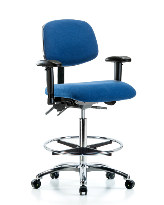 Blue Ridge Ergonomics ESD-FHBCH-CR-T1-A1-CF-EC-ESDBLU Fabric ESD Chair - High Bench Height with Seat Tilt, Adjustable Arms, Chrome Foot Ring, & ESD Casters in ESD Blue Fabric