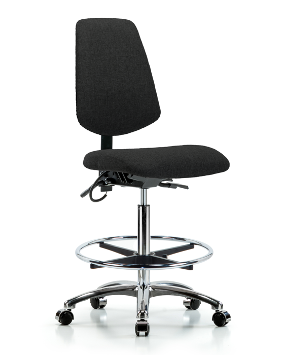 Blue Ridge Ergonomics ESD-FHBCH-MB-CR-T1-A0-CF-EC-ESDBLK Fabric ESD Chair - High Bench Height with Medium Back, Seat Tilt, Chrome Foot Ring, & ESD Casters in ESD Black Fabric