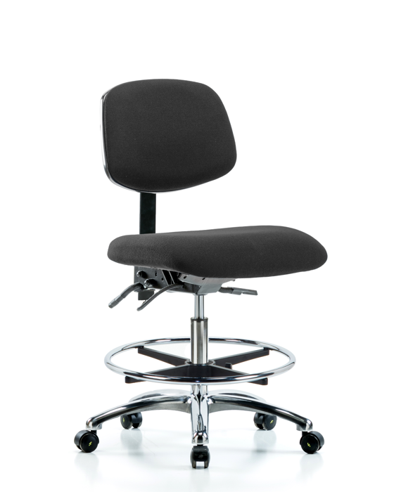 Blue Ridge Ergonomics ESD-FMBCH-CR-T0-A0-CF-EC-ESDBLK Fabric ESD Chair - Medium Bench Height with Chrome Foot Ring & ESD Casters in ESD Black Fabric