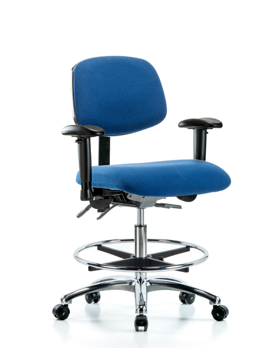Blue Ridge Ergonomics ESD-FMBCH-CR-T0-A1-CF-EC-ESDBLU Fabric ESD Chair - Medium Bench Height with Adjustable Arms, Chrome Foot Ring, & ESD Casters in ESD Blue Fabric