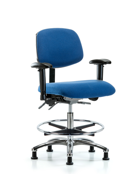 Blue Ridge Ergonomics ESD-FMBCH-CR-T0-A1-CF-EG-ESDBLU Fabric ESD Chair - Medium Bench Height with Adjustable Arms, Chrome Foot Ring, & ESD Stationary Glides in ESD Blue Fabric
