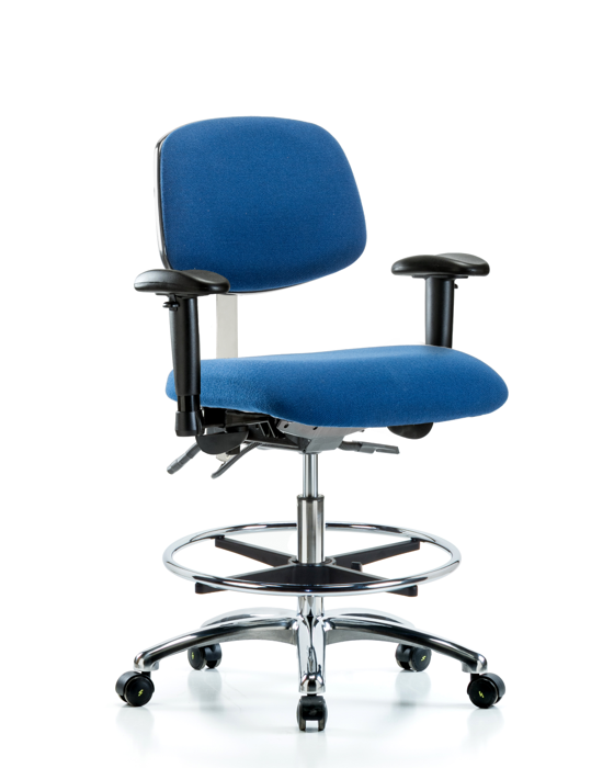 Blue Ridge Ergonomics ESD-FMBCH-CR-T1-A1-CF-EC-ESDBLU Fabric ESD Chair - Medium Bench Height with Seat Tilt, Adjustable Arms, Chrome Foot Ring, & ESD Casters in ESD Blue Fabric