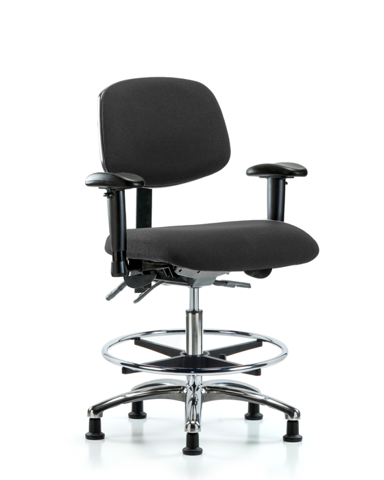 Blue Ridge Ergonomics ESD-FMBCH-CR-T1-A1-CF-EG-ESDBLK Fabric ESD Chair - Medium Bench Height with Seat Tilt, Adjustable Arms, Chrome Foot Ring, & ESD Stationary Glides in ESD Black Fabric