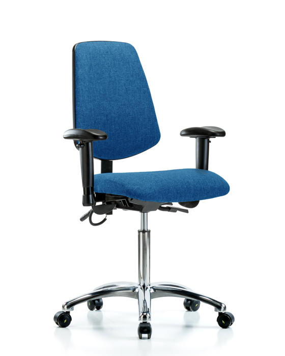 Blue Ridge Ergonomics ESD-FMBCH-MB-CR-T0-A1-NF-EC-ESDBLU Fabric ESD Chair - Medium Bench Height with Medium Back, Adjustable Arms, & ESD Casters in ESD Blue Fabric