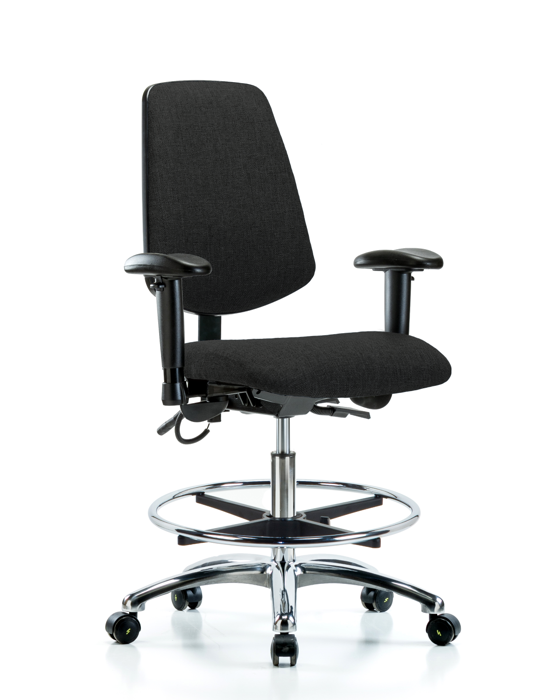 Blue Ridge Ergonomics ESD-FMBCH-MB-CR-T1-A1-CF-EC-ESDBLK Fabric ESD Chair - Medium Bench Height with Medium Back, Seat Tilt, Adjustable Arms, Chrome Foot Ring, & ESD Casters in ESD Black Fabric