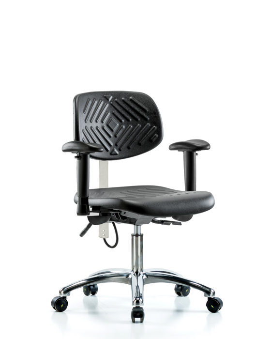 Blue Ridge Ergonomics ESD-PDHCH-CR-T1-A1-EC Polyurethane ESD Chair - Desk Height with Seat Tilt, Adjustable Arms, & ESD Casters