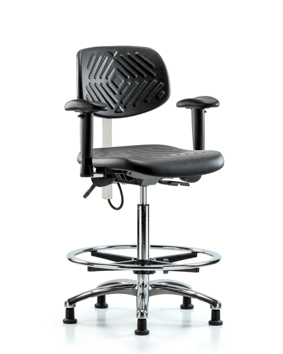 Blue Ridge Ergonomics ESD-PHBCH-CR-T0-A1-CF-EG Polyurethane ESD Chair - High Bench Height with Chrome Foot Ring, Adjustable Arms, & ESD Stationary Glides