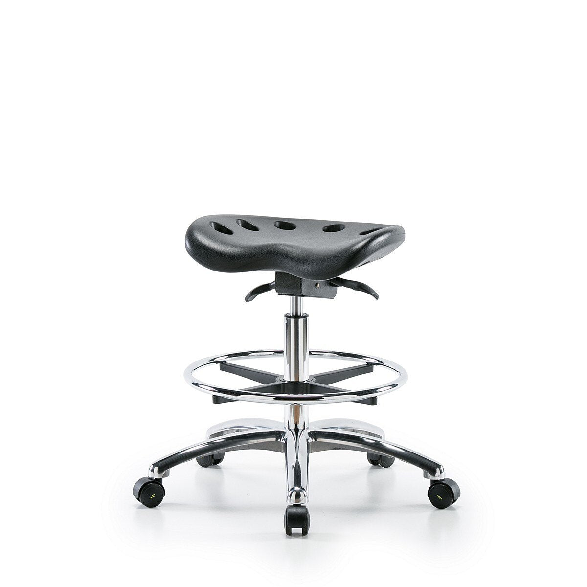 Blue Ridge Ergonomics ESD-PTMBSO-CR-CF-EC Polyurethane ESD Tractor Sit-Stand Stool Chrome - Medium Bench Height with Chrome Foot Ring & ESD Casters in ESD Black Polyurethane