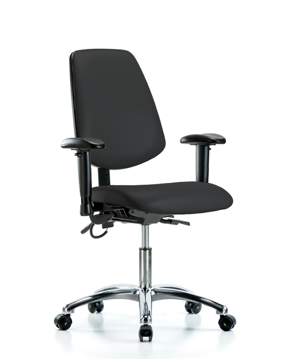 Blue Ridge Ergonomics ESD-VDHCH-MB-CR-T0-A1-EC-ESDBLK Vinyl ESD Chair - Desk Height with Medium Back, Adjustable Arms, & ESD Casters in ESD Black Vinyl