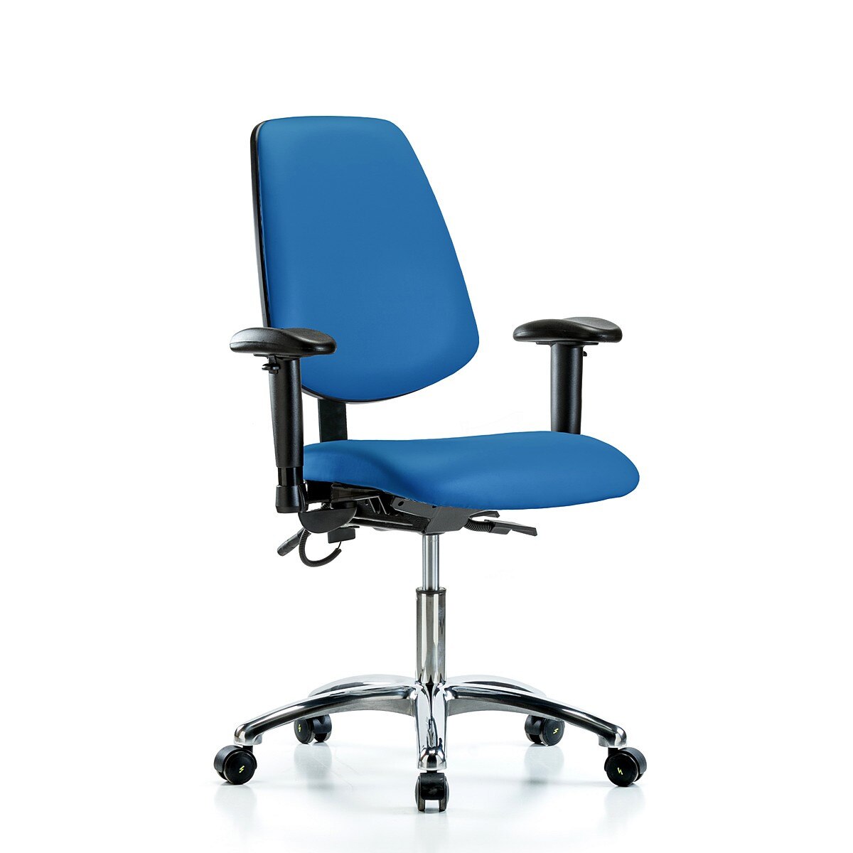 Blue Ridge Ergonomics ESD-VDHCH-MB-CR-T1-A1-EC-ESDBLU Vinyl ESD Chair - Desk Height with Medium Back, Seat Tilt, Adjustable Arms, & ESD Casters in ESD Blue Vinyl