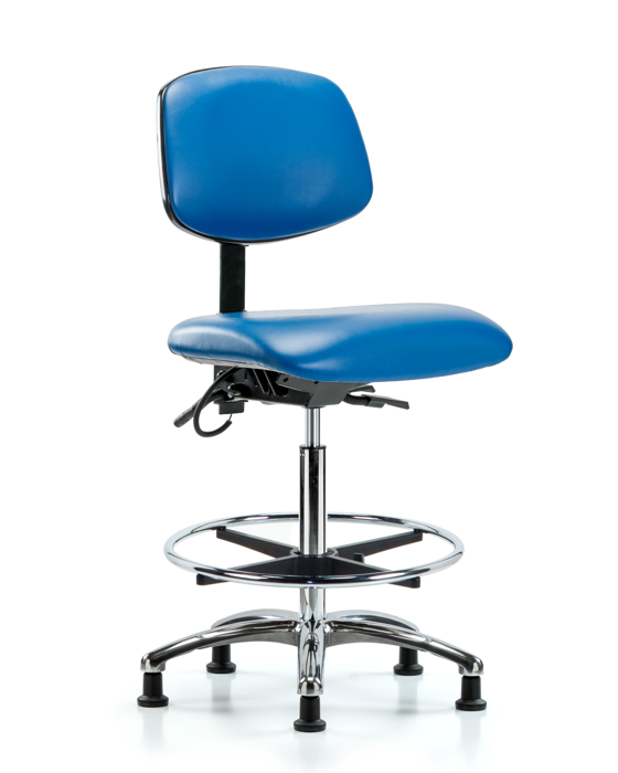 Blue Ridge Ergonomics ESD-VHBCH-CR-T0-A0-CF-EG-ESDBLU Vinyl ESD Chair - High Bench Height with Chrome Foot Ring & ESD Stationary Glides in ESD Blue Vinyl