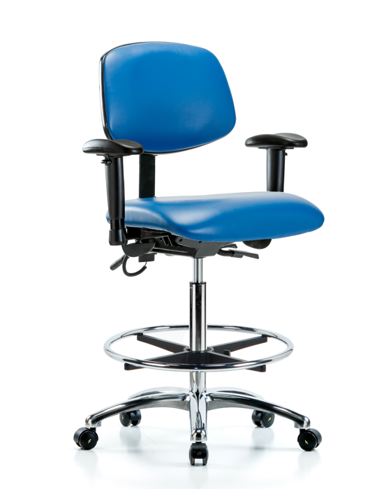 Blue Ridge Ergonomics ESD-VHBCH-CR-T0-A1-CF-EC-ESDBLU Vinyl ESD Chair - High Bench Height with Adjustable Arms, Chrome Foot Ring, & ESD Casters in ESD Blue Vinyl