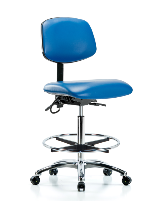 Blue Ridge Ergonomics ESD-VHBCH-CR-T1-A0-CF-EC-ESDBLU Vinyl ESD Chair - High Bench Height with Seat Tilt, Chrome Foot Ring, & ESD Casters in ESD Blue Vinyl