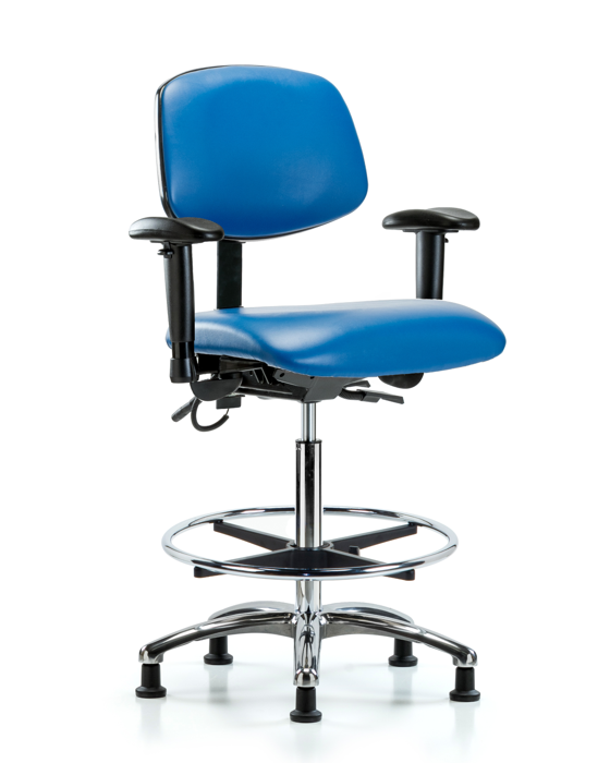 Blue Ridge Ergonomics ESD-VHBCH-CR-T1-A1-CF-EG-ESDBLU Vinyl ESD Chair - High Bench Height with Seat Tilt, Adjustable Arms, Chrome Foot Ring, & ESD Stationary Glides in ESD Blue Vinyl