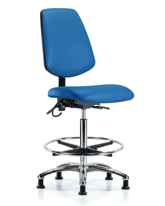 Blue Ridge Ergonomics ESD-VHBCH-MB-CR-T0-A0-CF-EG-ESDBLU Vinyl ESD Chair - High Bench Height with Medium Back, Chrome Foot Ring, & ESD Stationary Glides in ESD Blue Vinyl