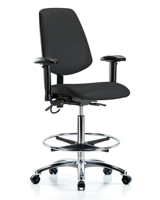 Blue Ridge Ergonomics ESD-VHBCH-MB-CR-T0-A1-CF-EC-ESDBLK Vinyl ESD Chair - High Bench Height with Medium Back, Adjustable Arms, Chrome Foot Ring, & ESD Casters in ESD Black Vinyl