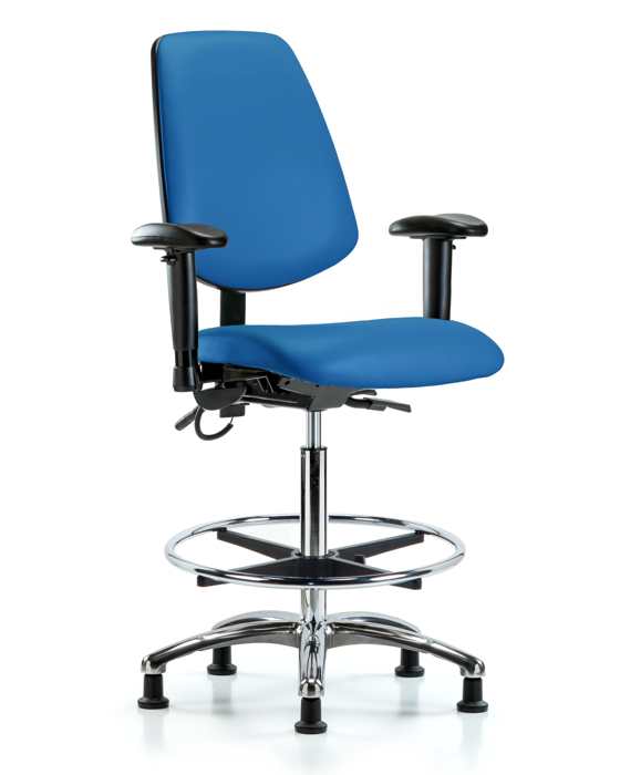 Blue Ridge Ergonomics ESD-VHBCH-MB-CR-T0-A1-CF-EG-ESDBLU Vinyl ESD Chair - High Bench Height with Medium Back, Adjustable Arms, Chrome Foot Ring, & ESD Stationary Glides in ESD Blue Vinyl