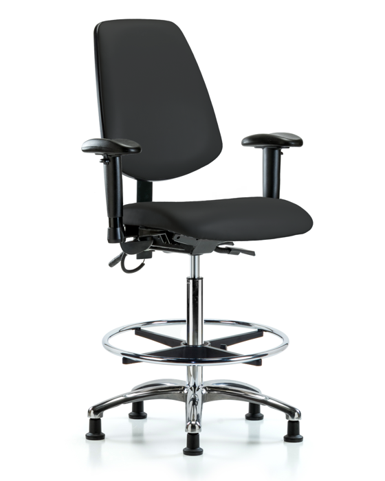 Blue Ridge Ergonomics ESD-VHBCH-MB-CR-T1-A1-CF-EG-ESDBLK Vinyl ESD Chair - High Bench Height with Medium Back, Seat Tilt, Adjustable Arms, Chrome Foot Ring, & ESD Stationary Glides in ESD Black Vinyl
