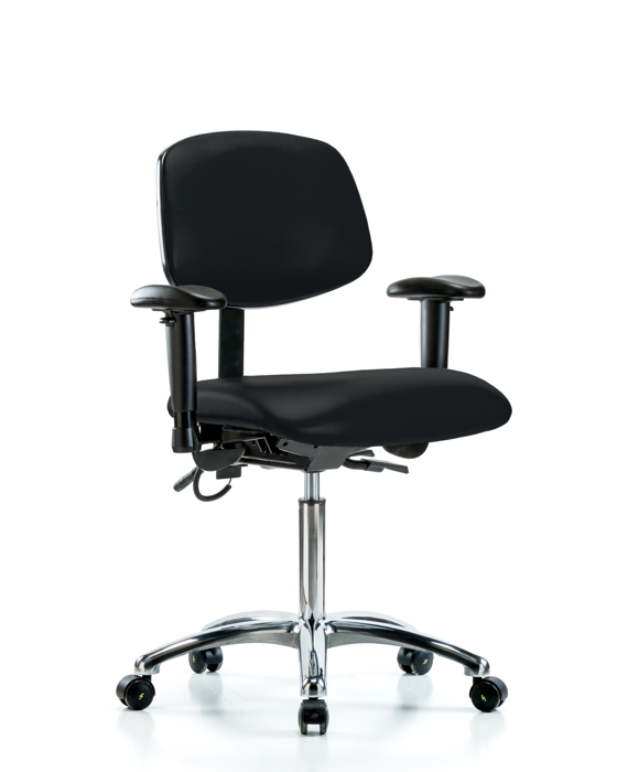 Blue Ridge Ergonomics ESD-VMBCH-CR-T0-A1-NF-EC-ESDBLK Vinyl ESD Chair - Medium Bench Height with Adjustable Arms & ESD Casters in ESD Black Vinyl