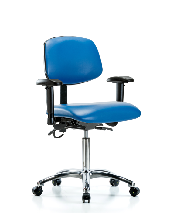Blue Ridge Ergonomics ESD-VMBCH-CR-T0-A1-NF-EC-ESDBLU Vinyl ESD Chair - Medium Bench Height with Adjustable Arms & ESD Casters in ESD Blue Vinyl