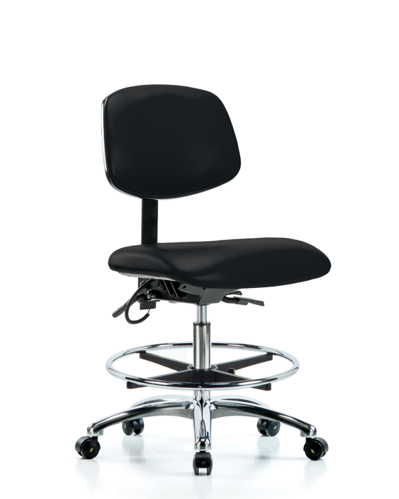 Blue Ridge Ergonomics ESD-VMBCH-CR-T1-A0-CF-EC-ESDBLK Vinyl ESD Chair - Medium Bench Height with Seat Tilt, Chrome Foot Ring, & ESD Casters in ESD Black Vinyl