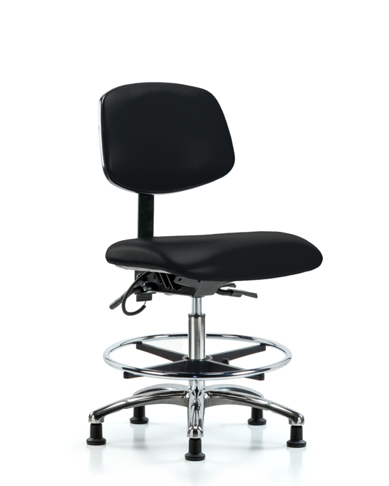 Blue Ridge Ergonomics ESD-VMBCH-CR-T1-A0-CF-EG-ESDBLK Vinyl ESD Chair - Medium Bench Height with Seat Tilt, Chrome Foot Ring, & ESD Stationary Glides in ESD Black Vinyl