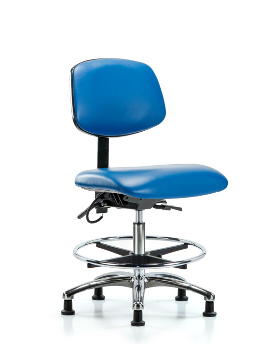 Blue Ridge Ergonomics ESD-VMBCH-CR-T1-A0-CF-EG-ESDBLU Vinyl ESD Chair - Medium Bench Height with Seat Tilt, Chrome Foot Ring, & ESD Stationary Glides in ESD Blue Vinyl