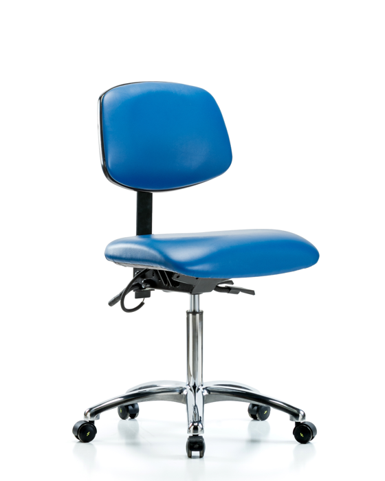 Blue Ridge Ergonomics ESD-VMBCH-CR-T1-A0-NF-EC-ESDBLU Vinyl ESD Chair - Medium Bench Height with Seat Tilt & ESD Casters in ESD Blue Vinyl