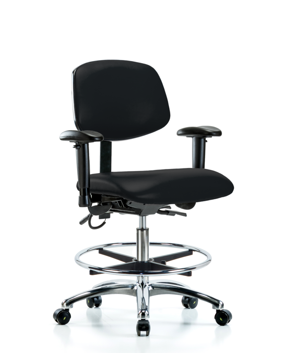 Blue Ridge Ergonomics ESD-VMBCH-CR-T1-A1-CF-EC-ESDBLK Vinyl ESD Chair - Medium Bench Height with Seat Tilt, Adjustable Arms, Chrome Foot Ring, & ESD Casters in ESD Black Vinyl