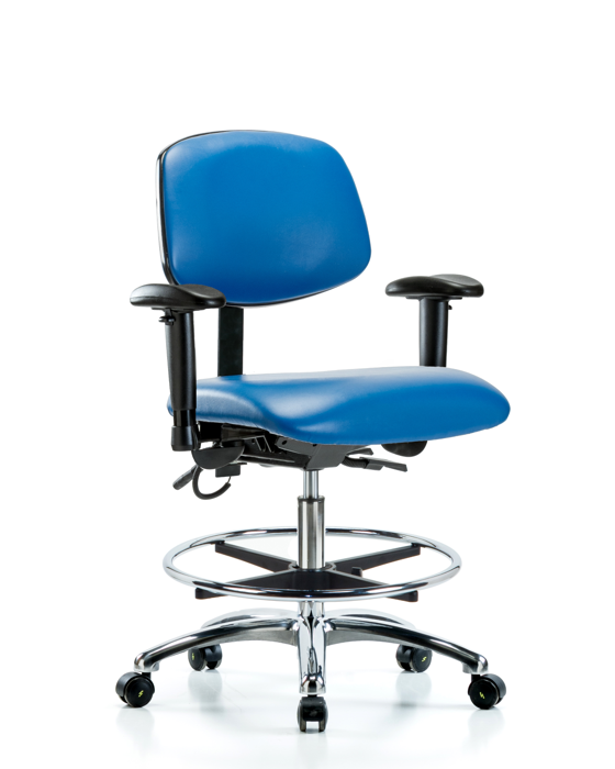 Blue Ridge Ergonomics ESD-VMBCH-CR-T1-A1-CF-EC-ESDBLU Vinyl ESD Chair - Medium Bench Height with Seat Tilt, Adjustable Arms, Chrome Foot Ring, & ESD Casters in ESD Blue Vinyl