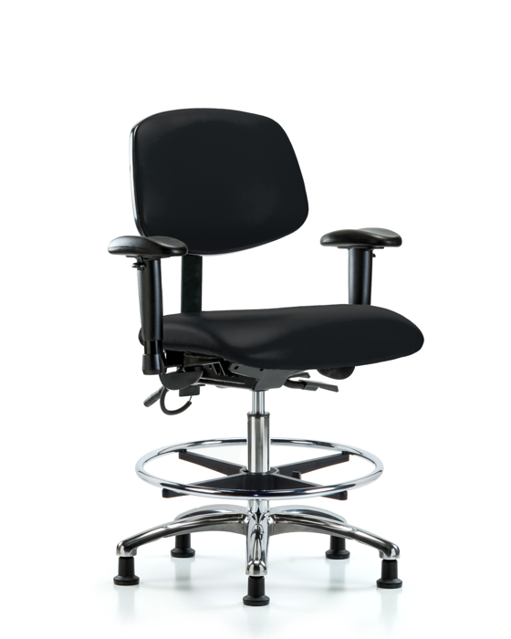 Blue Ridge Ergonomics ESD-VMBCH-CR-T1-A1-CF-EG-ESDBLK Vinyl ESD Chair - Medium Bench Height with Seat Tilt, Adjustable Arms, Chrome Foot Ring, & ESD Stationary Glides in ESD Black Vinyl