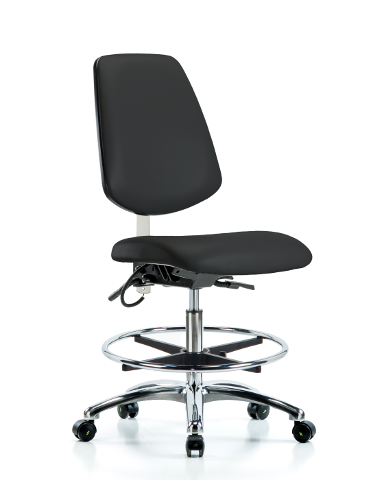 Blue Ridge Ergonomics ESD-VMBCH-MB-CR-T0-A0-CF-EC-ESDBLK Vinyl ESD Chair - Medium Bench Height with Medium Back, Chrome Foot Ring, & ESD Casters in ESD Black Vinyl