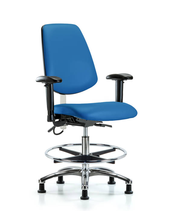 Blue Ridge Ergonomics ESD-VMBCH-MB-CR-T0-A1-CF-EG-ESDBLU Vinyl ESD Chair - Medium Bench Height with Medium Back, Adjustable Arms, Chrome Foot Ring, & ESD Stationary Glides in ESD Blue Vinyl