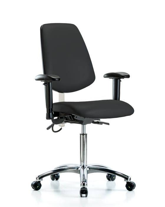 Blue Ridge Ergonomics ESD-VMBCH-MB-CR-T0-A1-NF-EC-ESDBLK Vinyl ESD Chair - Medium Bench Height with Medium Back, Adjustable Arms, & ESD Casters in ESD Black Vinyl