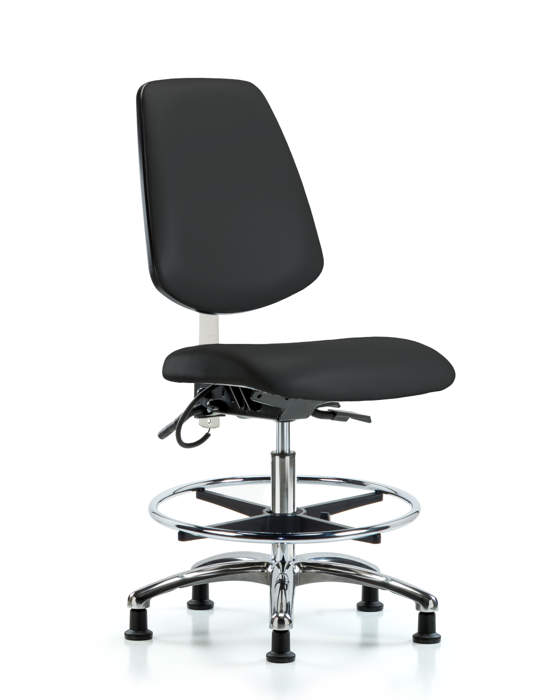 Blue Ridge Ergonomics ESD-VMBCH-MB-CR-T1-A0-CF-EG-ESDBLK Vinyl ESD Chair - Medium Bench Height with Medium Back, Seat Tilt, Chrome Foot Ring, & ESD Stationary Glides in ESD Black Vinyl
