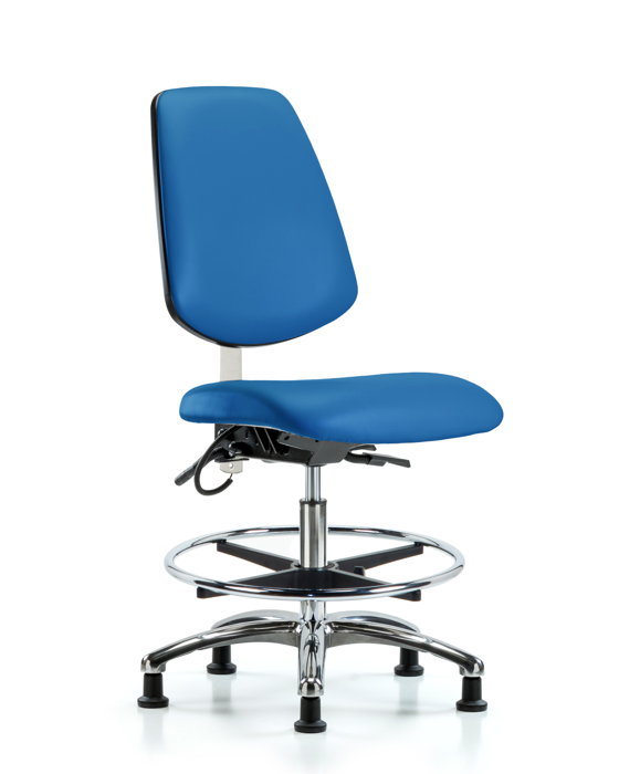 Blue Ridge Ergonomics ESD-VMBCH-MB-CR-T1-A0-CF-EG-ESDBLU Vinyl ESD Chair - Medium Bench Height with Medium Back, Seat Tilt, Chrome Foot Ring, & ESD Stationary Glides in ESD Blue Vinyl