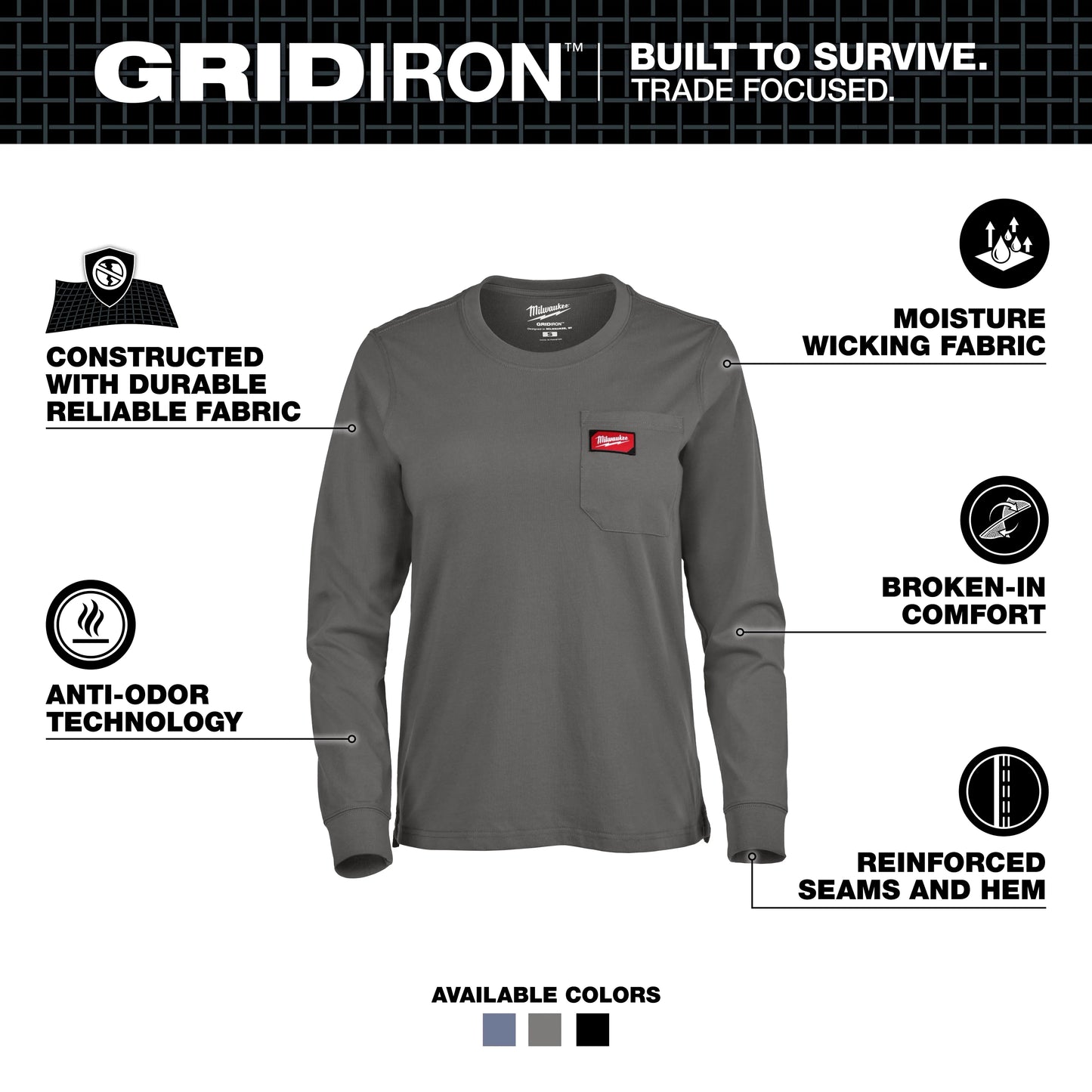 Milwaukee Tool F551G-2X Women's GRIDIRON Pocket T-Shirt - Long Sleeve Gray (2XL), 1 EA