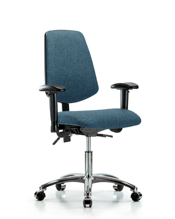 Blue Ridge Ergonomics FDHCH-MB-CR-T1-A1-CC-F43 Rutledge Fabric Chair Chrome - Desk Height with Medium Back, Seat Tilt, Adjustable Arms, & Casters in Blue Fabric