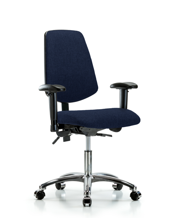 Blue Ridge Ergonomics FDHCH-MB-CR-T1-A1-CC-F45 Rutledge Fabric Chair Chrome - Desk Height with Medium Back, Seat Tilt, Adjustable Arms, & Casters in Navy Fabric