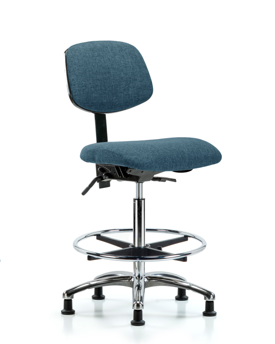 Blue Ridge Ergonomics FHBCH-CR-T0-A0-CF-RG-F43 Rutledge Fabric Chair Chrome - High Bench Height with Chrome Foot Ring & Stationary Glides in Blue Fabric