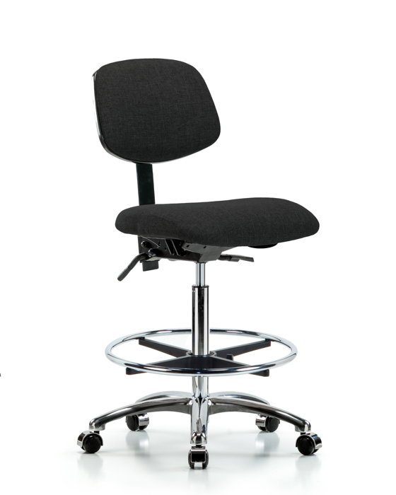 Blue Ridge Ergonomics FHBCH-CR-T1-A0-CF-CC-F42 Rutledge Fabric Chair Chrome - High Bench Height with Seat Tilt, Chrome Foot Ring, & Casters in Black Fabric